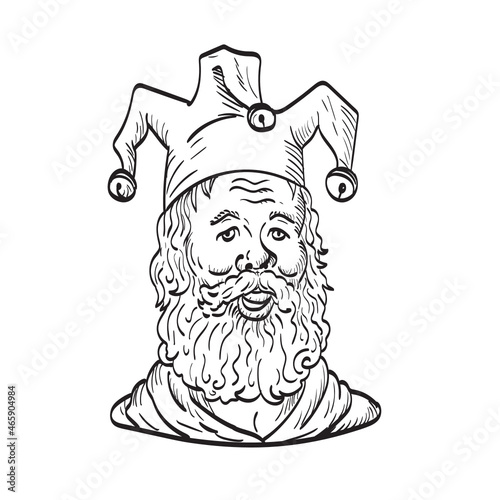Drawing sketch style illustration of an old court jester or fool wearing a hat and beard viewed from front on isolated background in black and white tattoo style.