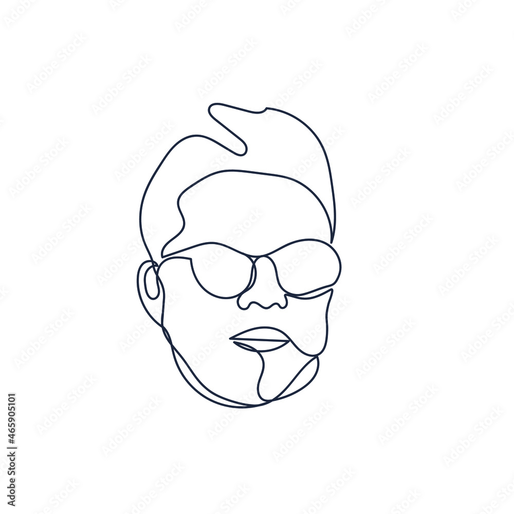 Fototapeta premium One line drawing of man with glasses. Sketch of asian face. Minimal silhouette. Outline portrait. Modern symbol avatar. Vector illustration on white background
