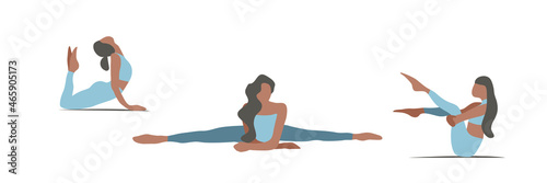 Woman is doing the splits. Fitness Pilates Yoga Ballet Gymnastic Stretches. Wellness Concept. Sport Healthy Lifestyle. Flat style. Vector illustration on white background isolated