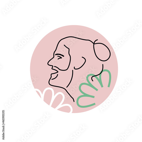 Sticker of male portrait. Smiling man with beard and mustache.  Profile Face line icon. Concept for salon of beauty, spa, barbershop. Minimalistic character with floral forms. Vector illustration
