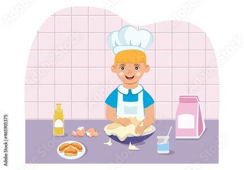 A boy chef kneads raw wheat dough in a bowl. The process of cooking in the kitchen. Concept of play, entertainment, learning. Funny character in a flat style. Vector.