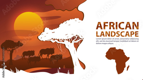 African landscape in the style of cut paper for design a herd of antelopes stand among the trees against the background of sunset