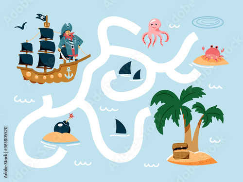 Help the pirate ship find the way to the island. Cute cartoon pirate maze game. Labyrinth. Funny game for children education. Vector illustration

