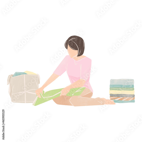 洗濯物を畳む女性の手書き水彩風イラスト