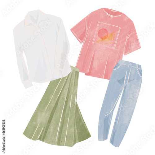 洋服4種手書き水彩風イラスト