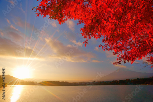 モミジと富士山と河口湖と朝日, 日本,山梨県,南都留郡,富士河口湖町