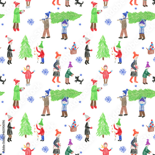 Hand drwan winter pattern, people and children are preparing for the new year, decorating a festive Christmas tree
