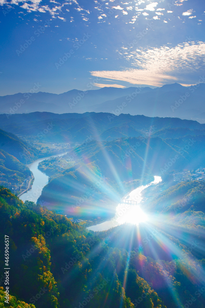 蛇行し輝く犀川と常念岳など北アルプス, 日本,長野県,東筑摩郡,生坂村 蛇行し輝く犀川と常念岳など北アルプス, 日本,長野県,東筑摩郡,生坂村