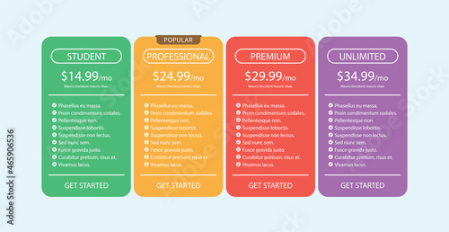 Pricing table for business vector illustration.
