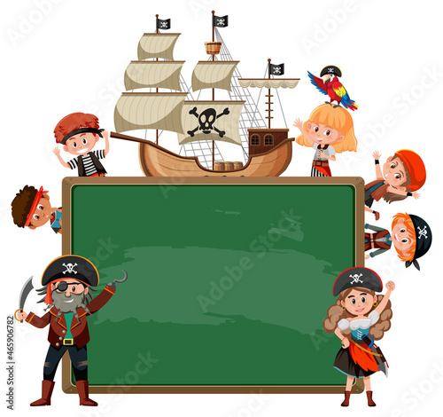 Empty blackboard with many pirate kids cartoon character
