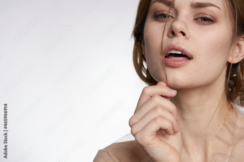 cheerful woman hairstyle fun posing cosmetics fashion model studio cheerful woman hairstyle fun posing cosmetics fashion model studio