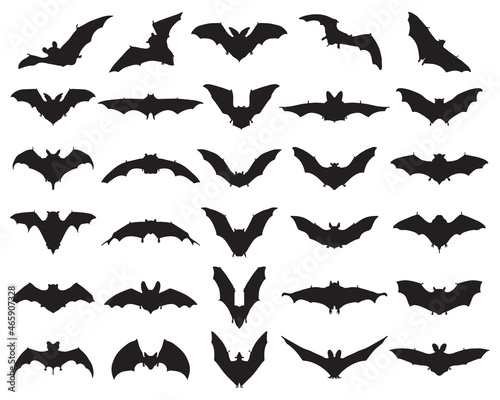 Black silhouettes of different bats on a white background	