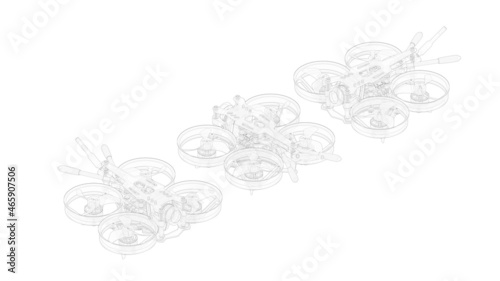 3D rendering of a drone quadcopter uav camera drone unmanned flying object isolated in white studio background