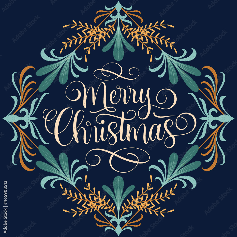 Merry Christmas Hand Lettering With Ornaments & Leaves Illustration