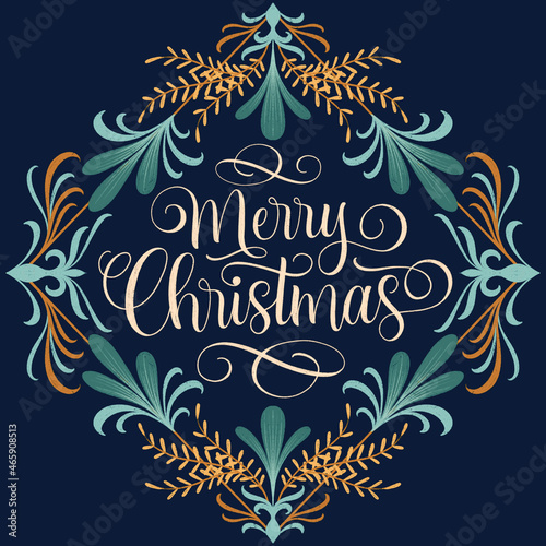 Merry Christmas Hand Lettering With Ornaments & Leaves Illustration