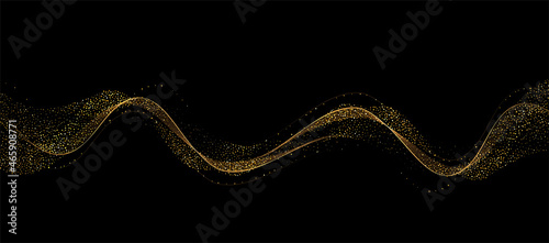 Abstract Gold Waves. Shiny golden moving lines design element with glitter effect on dark background for greeting card and disqount voucher.