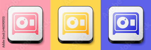 Isometric Safe icon isolated on pink, yellow and blue background. The door safe a bank vault with a combination lock. Reliable Data Protection. Square button. Vector