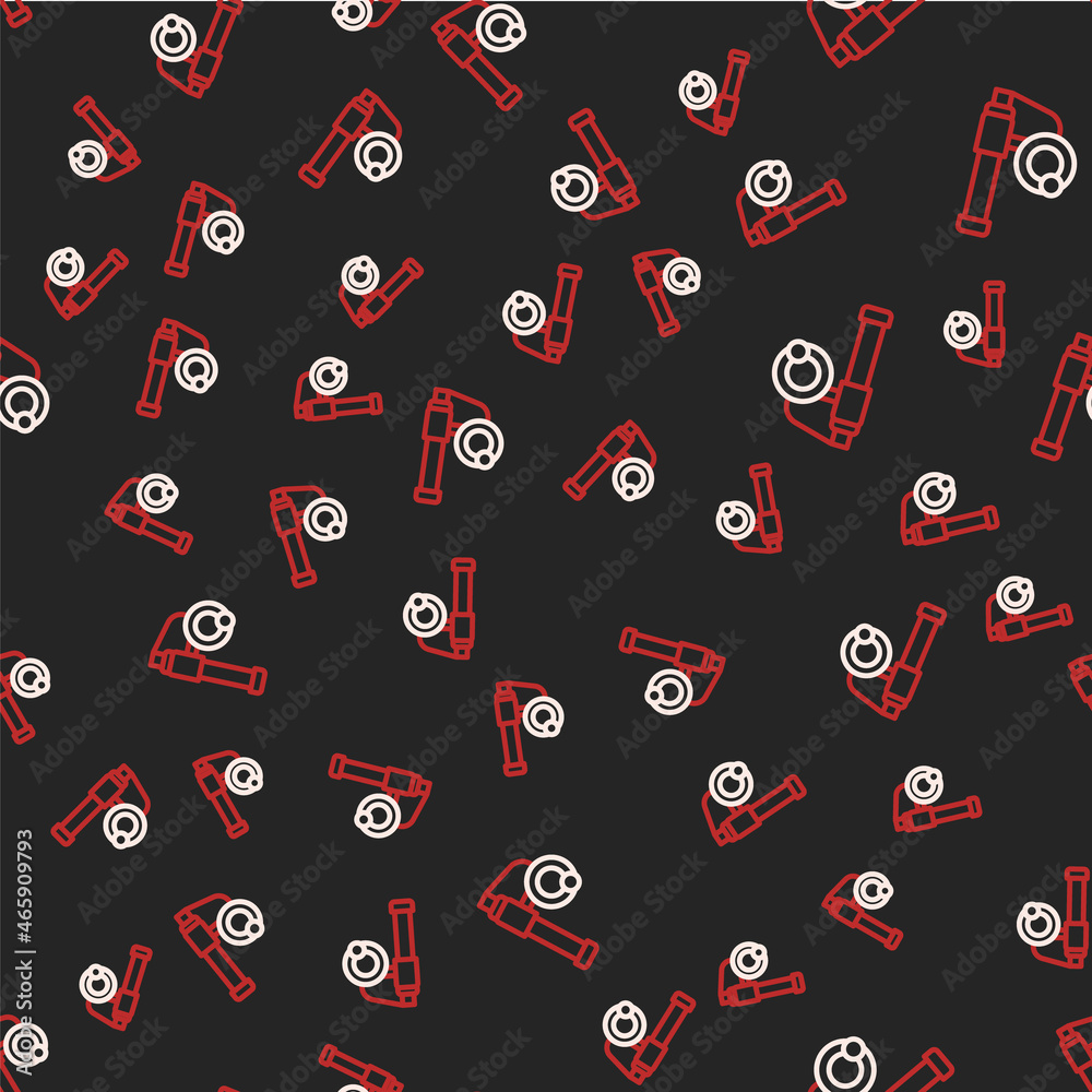 Line Fishing rod icon isolated seamless pattern on black background. Catch a big fish. Fishing equipment and fish farming topics. Vector Line Fishing rod icon isolated seamless pattern on black background. Catch a big fish. Fishing equipment and fish farming topics. Vector
