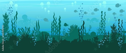 Bottom of reservoir with fish. Silhouette. Blue water. Sea ocean. Underwater landscape with animals, plants, algae and corals. Illustration in cartoon style. Flat design. Vector art