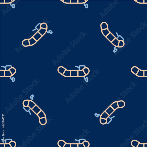 Line Inflatable boat with outboard motor icon isolated seamless pattern on blue background. Vector