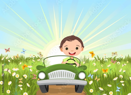 Childrens adventure in small car on sunrise. Kid drives pedal or electric toy automobile. Cartoon illustration. Summer rural landscape. Vector