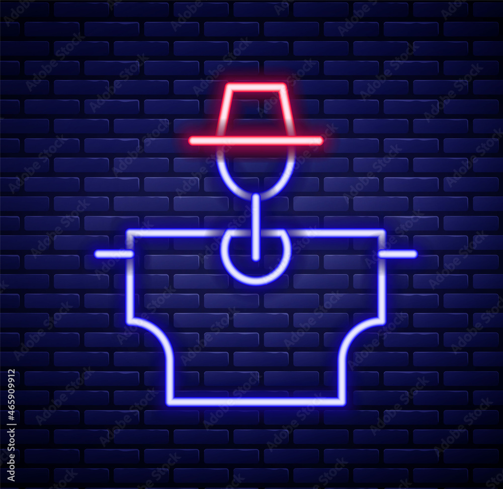 Glowing neon line Scarecrow icon isolated on brick wall background. Colorful outline concept. Vector Glowing neon line Scarecrow icon isolated on brick wall background. Colorful outline concept. Vector