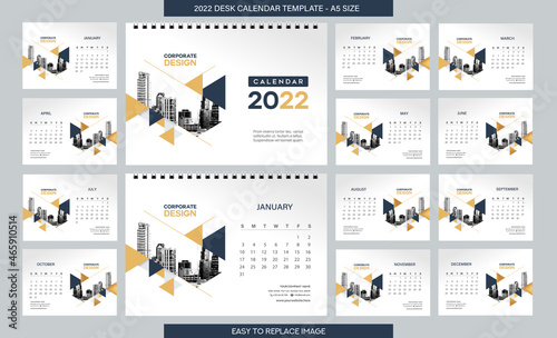 Desk Calendar 2022 template - 12 months included - A5 Size