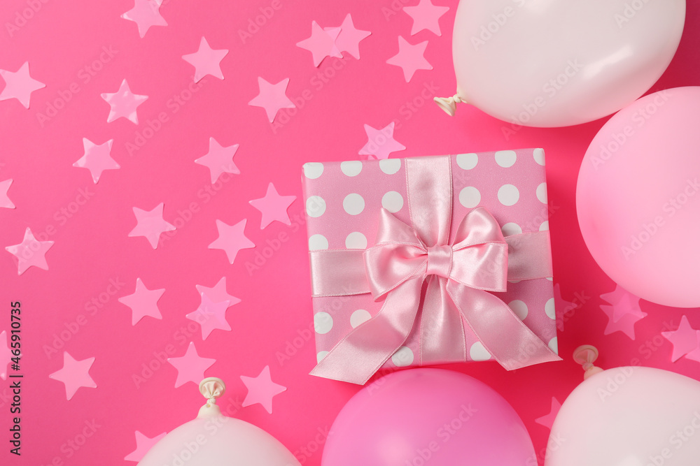 Birthday accessories on pink background, space for text