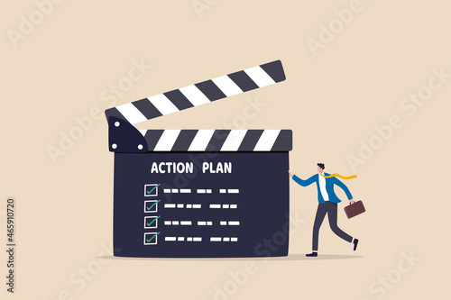 Action plan with checklist step by step of business implementation, procedure or strategy plan to finish project concept, businessman manager with director clapboard or slate listing action plan steps photo