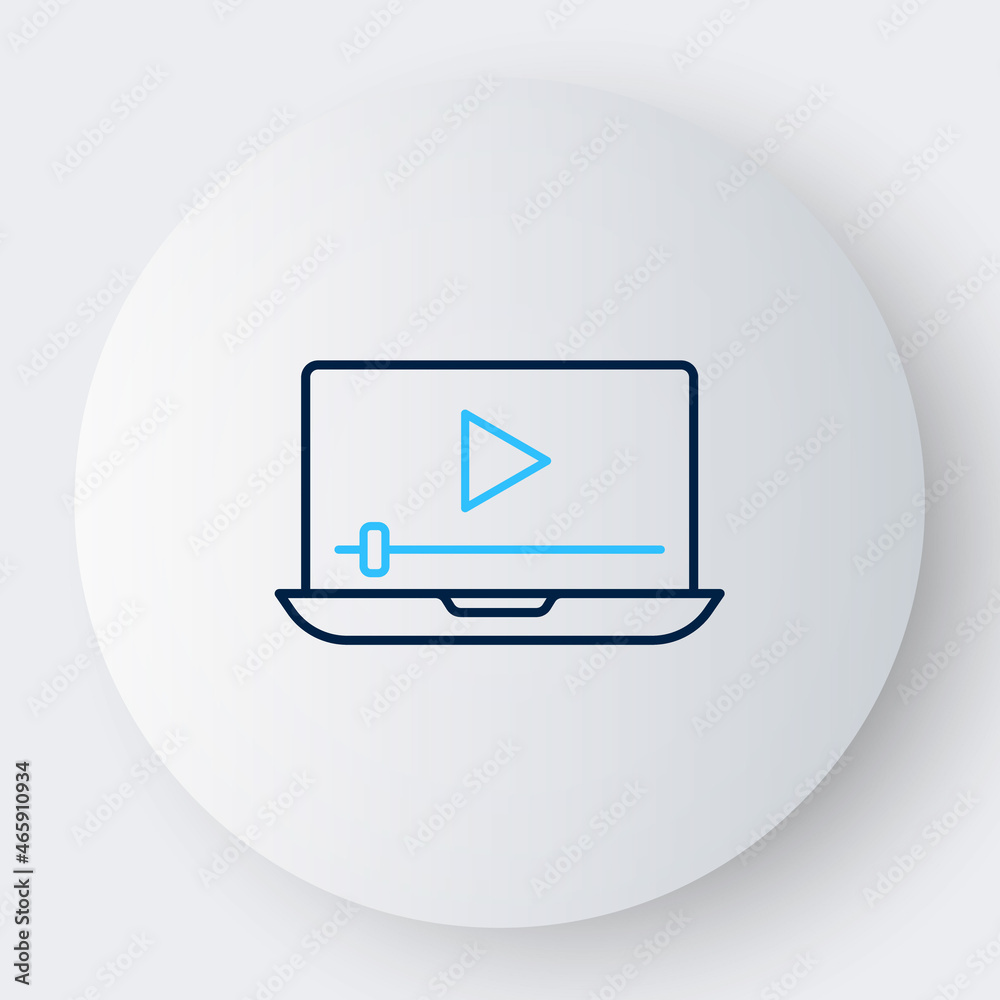 Line Online play video icon isolated on white background. Laptop and film strip with play sign. Colorful outline concept. Vector Line Online play video icon isolated on white background. Laptop and film strip with play sign. Colorful outline concept. Vector
