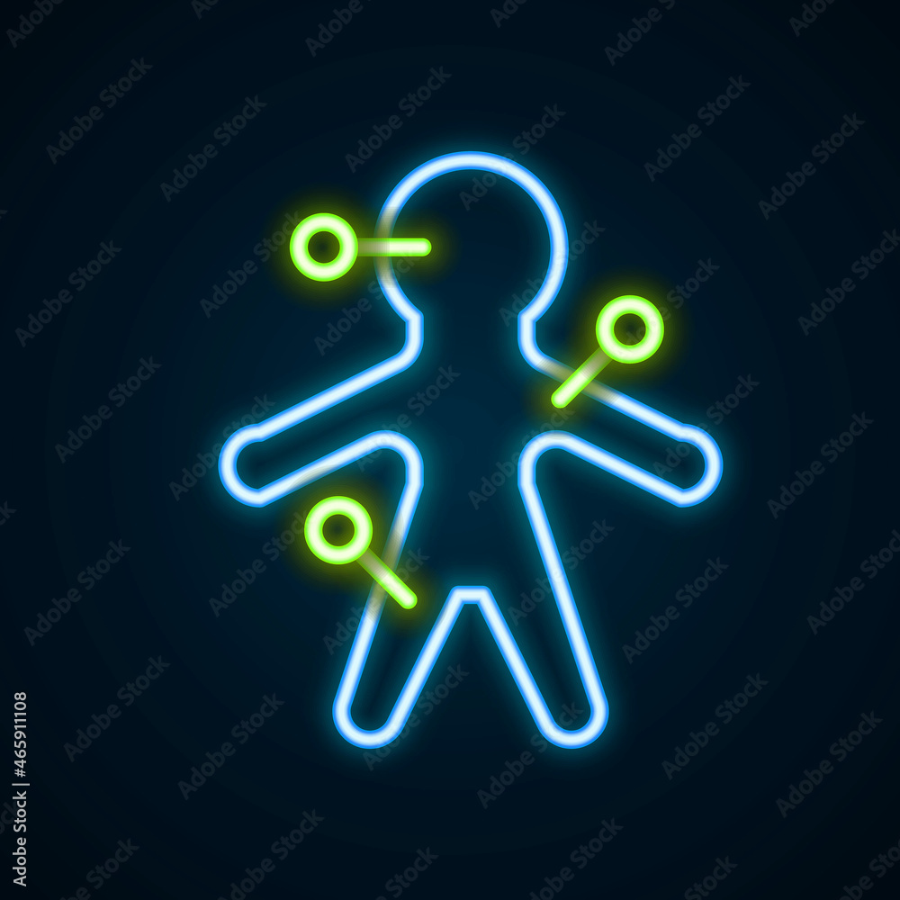 Glowing neon line Voodoo doll icon isolated on black background. Colorful outline concept. Vector Glowing neon line Voodoo doll icon isolated on black background. Colorful outline concept. Vector