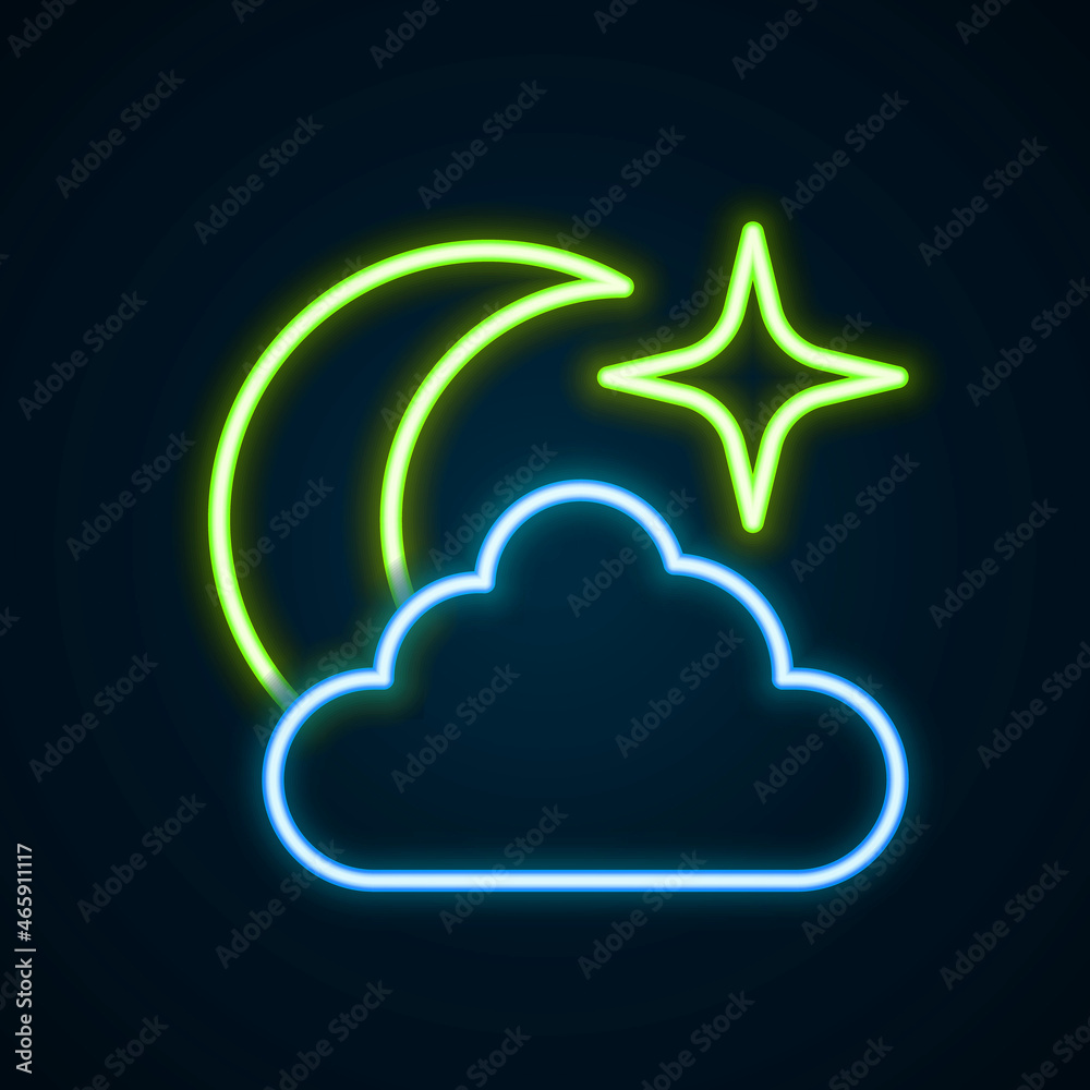 Glowing neon line Moon and stars icon isolated on black background. Cloudy night sign. Sleep dreams symbol. Full moon. Night or bed time sign. Colorful outline concept. Vector Glowing neon line Moon and stars icon isolated on black background. Cloudy night sign. Sleep dreams symbol. Full moon. Night or bed time sign. Colorful outline concept. Vector