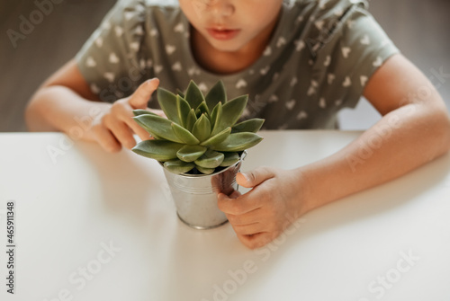 little girl in a room with a suculent flower photo