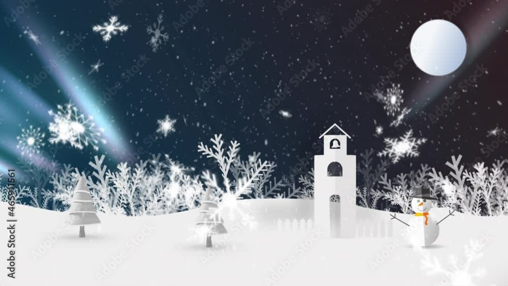 Animation of winter scenery at christmas over aurora