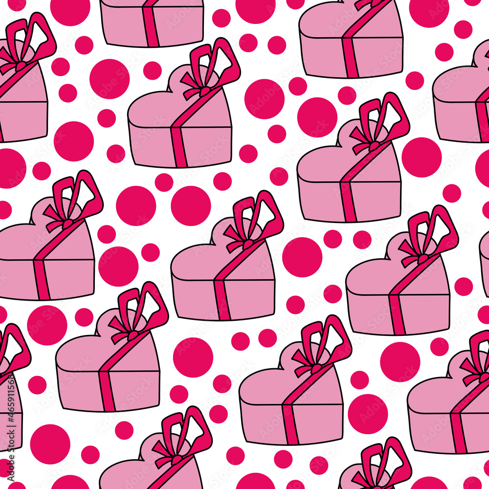 heart shaped gift box with bow seamless pattern, Valentines day gift and pink dots on white background heart shaped gift box with bow seamless pattern, Valentines day gift and pink dots on white background
