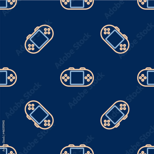 Line Portable video game console icon isolated seamless pattern on blue background. Handheld console gaming. Vector