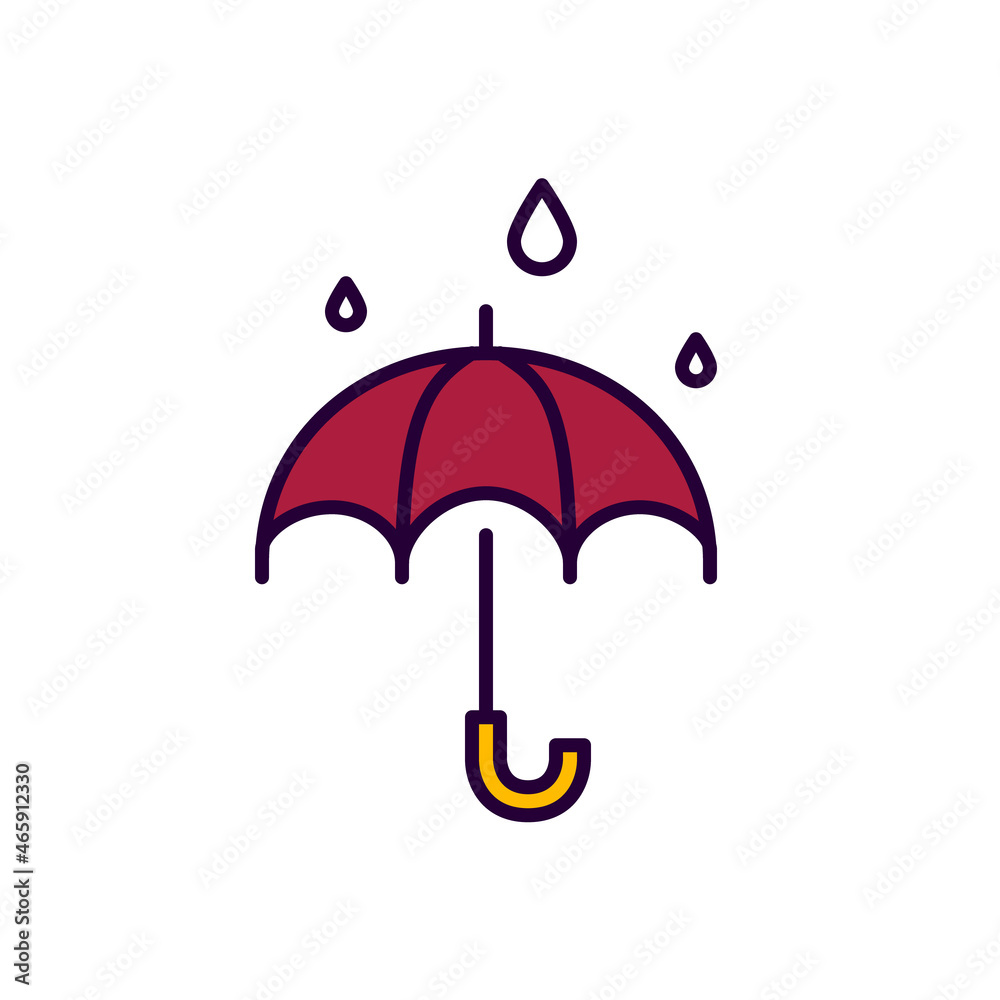 Open umbrella with rain falling down. Pixel perfect, editable stroke colorful line art icon Open umbrella with rain falling down. Pixel perfect, editable stroke colorful line art icon