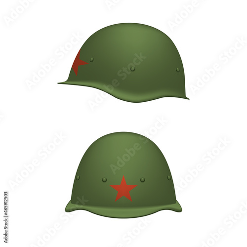 Soviet military helmet with red star of WWII isolated on white background front and side view, green khaki protective helmet soldier 3d vector clip art.