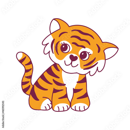 A cute tiger cub is sitting.