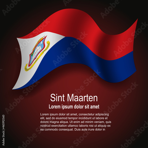 Flag of Sint Maarten flying on dark background with text