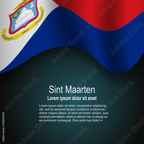 Flag of Sint Maarten flying on dark background with text