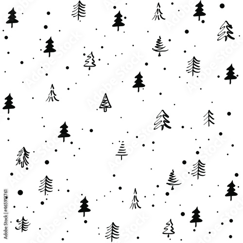 Seamless Christmas pattern with fir trees. Black and white Christmas tree and snow .