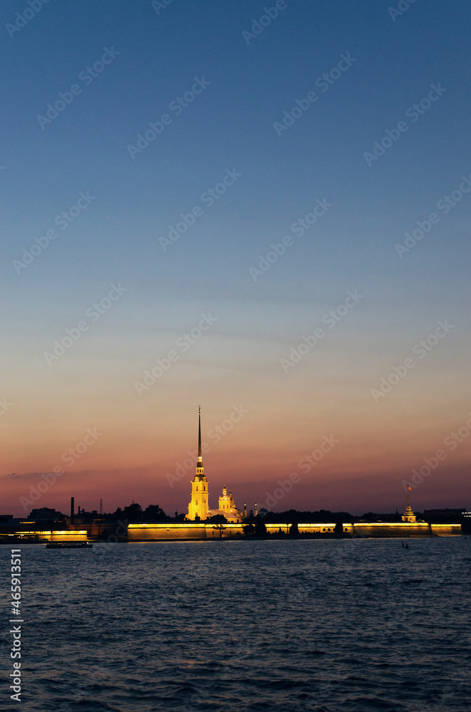 RUSSIA, Saint Petersburg: Scenic sunset cityscape view of the city architecture with Neva river bridges. Evening twightlight St. Isaac's Cathedral architecture RUSSIA, Saint Petersburg: Scenic sunset cityscape view of the city architecture with Neva river bridges. Evening twightlight St. Isaac's Cathedral architecture