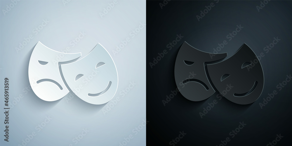 Paper cut Comedy and tragedy theatrical masks icon isolated on grey and black background. Paper art style. Vector Paper cut Comedy and tragedy theatrical masks icon isolated on grey and black background. Paper art style. Vector