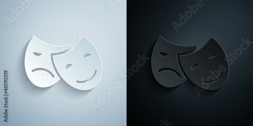 Paper cut Comedy and tragedy theatrical masks icon isolated on grey and black background. Paper art style. Vector