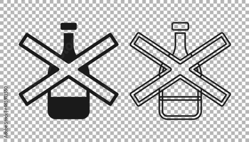 Black No alcohol icon isolated on transparent background. Prohibiting alcohol beverages. Forbidden symbol with beer bottle glass. Vector