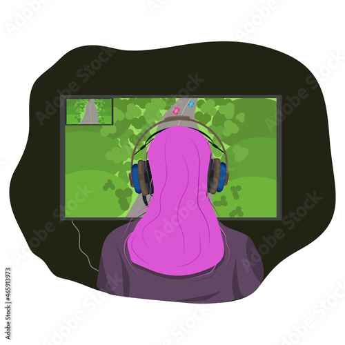 A video game streamer girl with bright fashionable hair plays and records a video