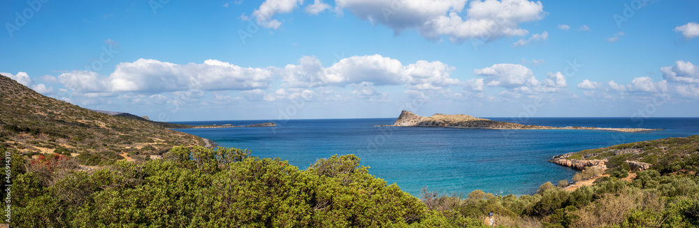 beautiful panoramic view with clouds from the bay near the sunken city of Olus, on the island of Crete on a sunny day, windy day, horizontal