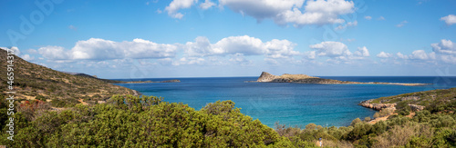 beautiful panoramic view with clouds from the bay near the sunken city of Olus, on the island of Crete on a sunny day, windy day, horizontal