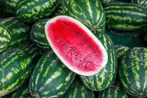 Fresh ripe juicy watermelons at the street market.